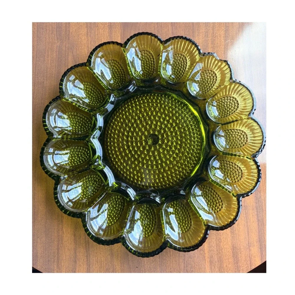 Vintage Indiana Glass Olive Green Hobnail Deviled Egg Dish Tray Plate MCM
